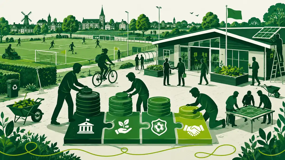 Financiering van sportparkontwikkeling: een sportpark in aanbouw met bouwkranen, een nieuwe tribune en een parkeergarage
