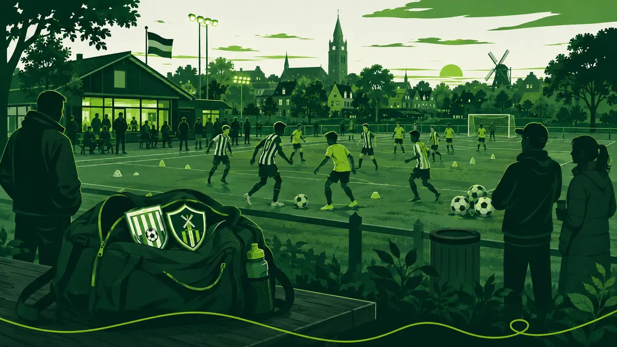 Vroege signalen van een fusie tussen sportclubs: een jeugdtraining met kinderen van twee clubs op een sportpark, met een ouder op een bankje en een trainer langs de lijn