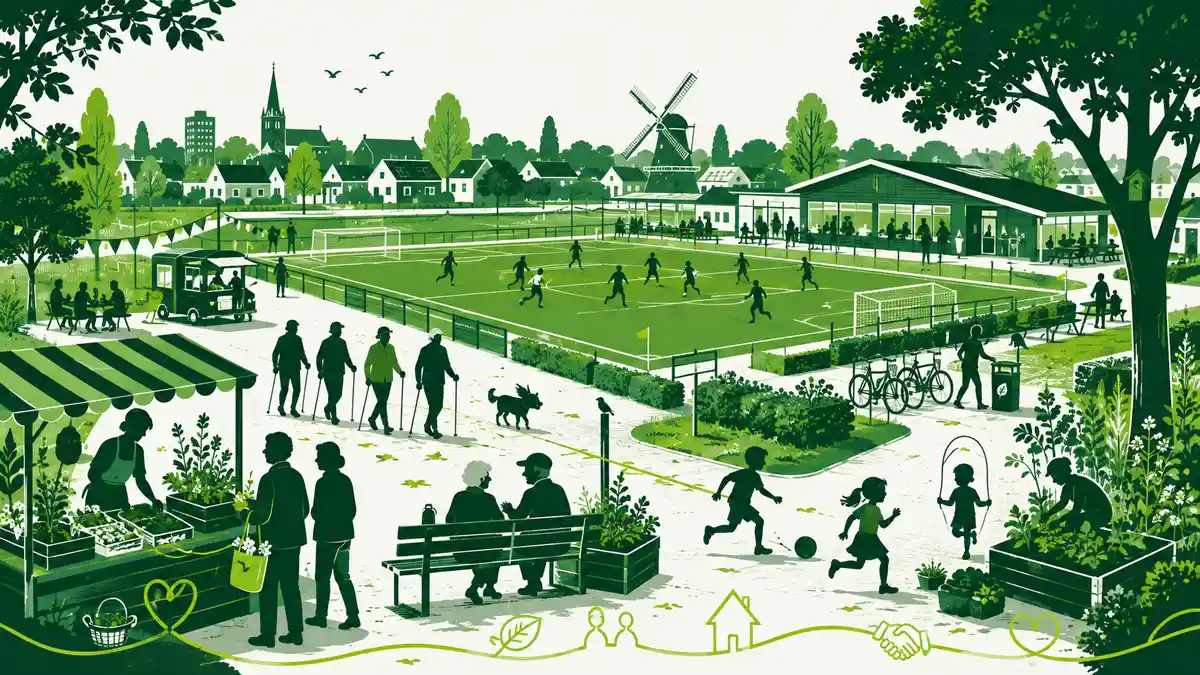 De maatschappelijke opdracht van een sportpark: wandelaars, ouderen, kinderen en een terras bij het clubgebouw naast een voetbalveld