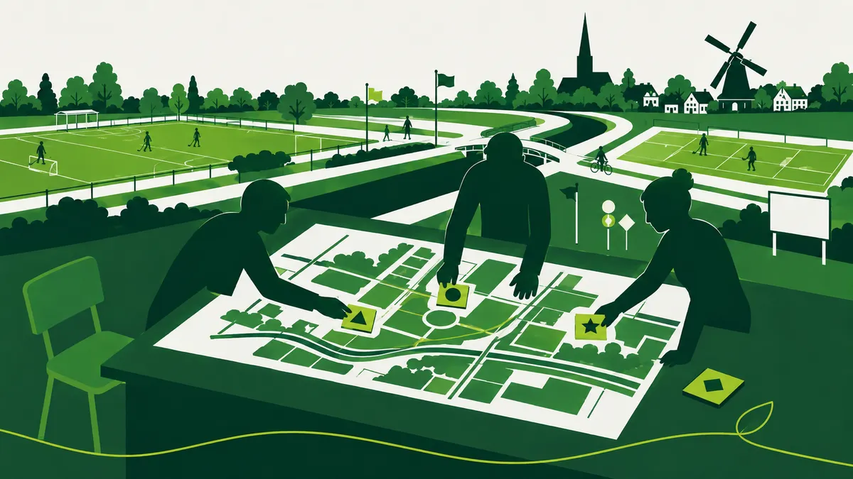 Een sportpark onder de Omgevingswet: een planningstafel met een kaart waarop drie figuren markeringen plaatsen, een stoel blijft leeg