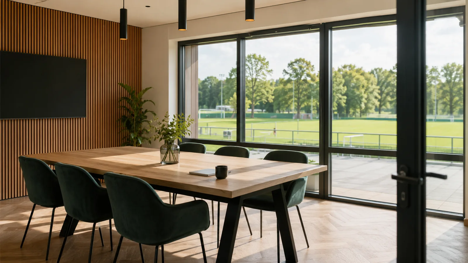 Overlegruimte van een Sportpark-clubgebouw met zicht op de velden
