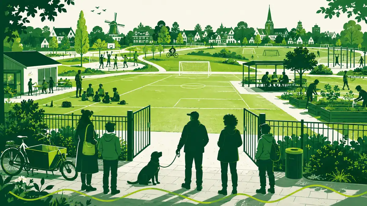 Een open sportpark: een jongen met rugzak aarzelt bij een half geopend hek terwijl een training bezig is