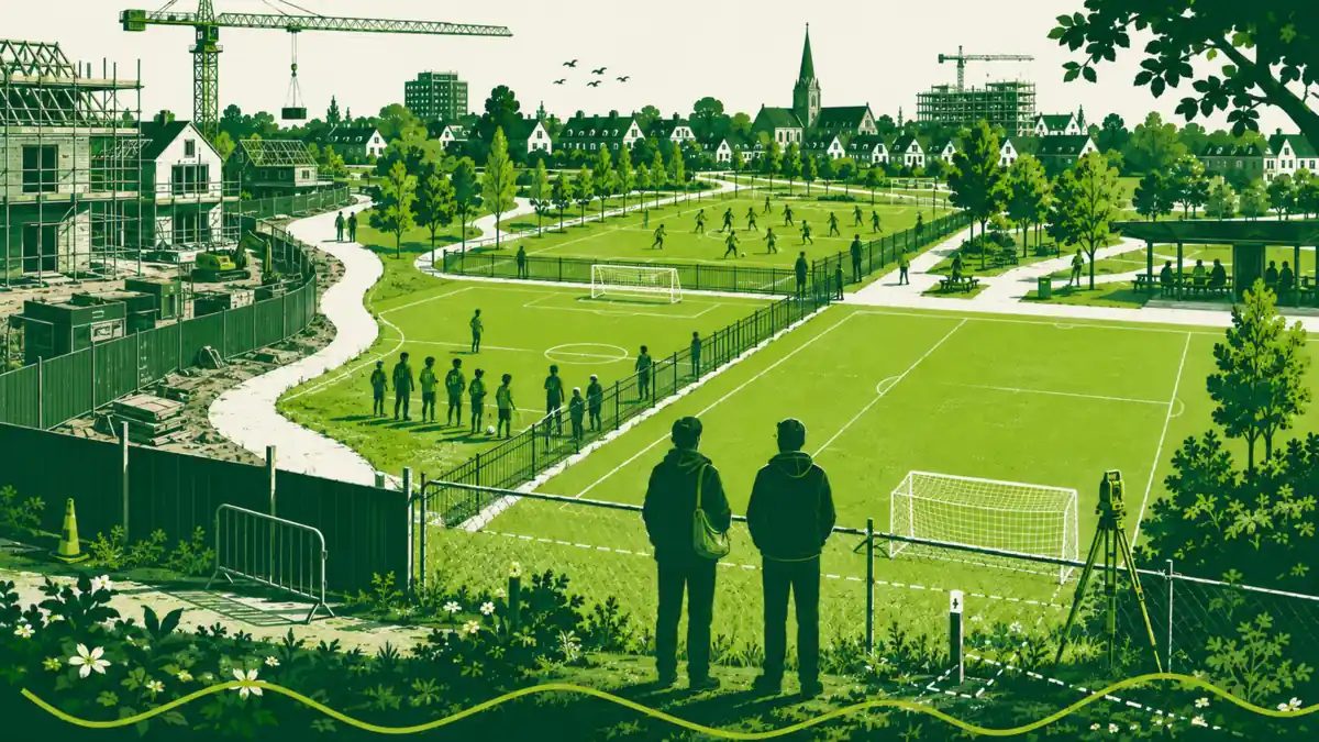 Ruimte voor sport onder druk: twee figuren kijken over een sportpark met woningbouw en kranen aan de ene kant en een bouwhek aan de andere