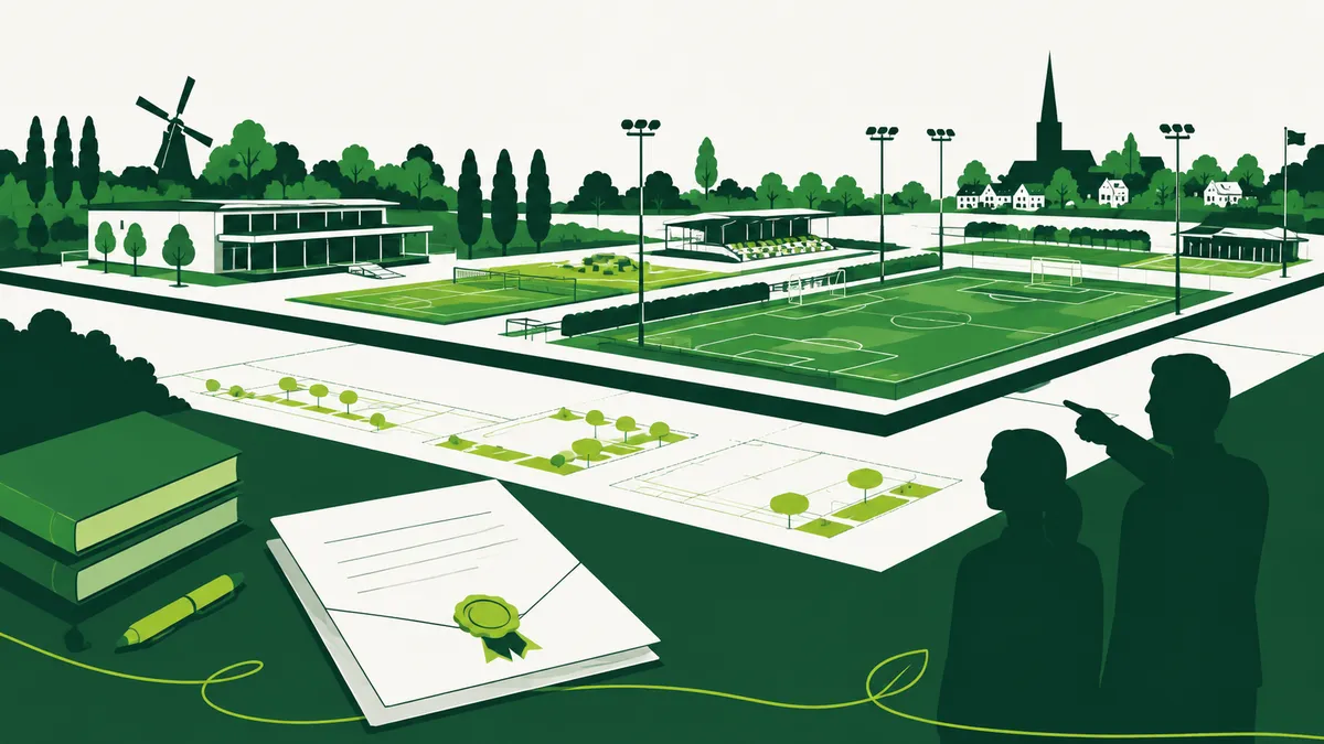 Grond en opstal sportpark: een doorsnede waarin grondlaag en gebouwen als twee losse, verschoven vlakken zijn getekend, met een verzegeld document
