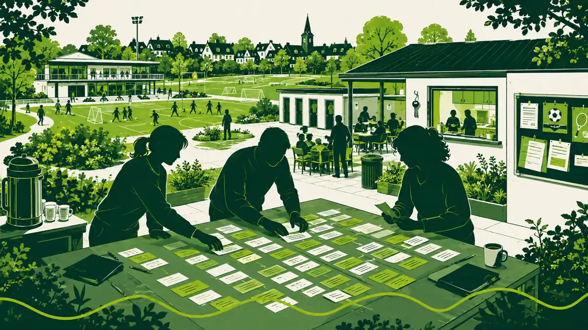 Participatie-thema's op een sportpark: drie figuren leggen tientallen losse kaartjes in rijen op een tafel bij het clubgebouw