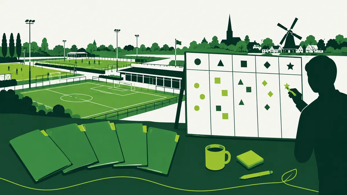 Startnotitie sportpark: vier blanco mappen op tafel naast een bord met vijf criteriakolommen dat wordt ingevuld, met anonieme clubs op de achtergrond