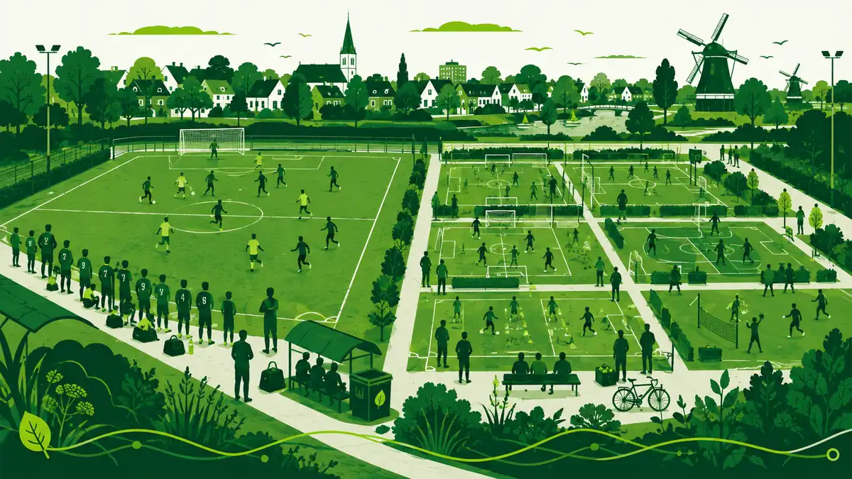 Optimaal gebruik van een sportpark: links een vol bezet sportveld onder lichtmasten, rechts een rustiger sportpark met wandelaars, ouderen en schoolkinderen