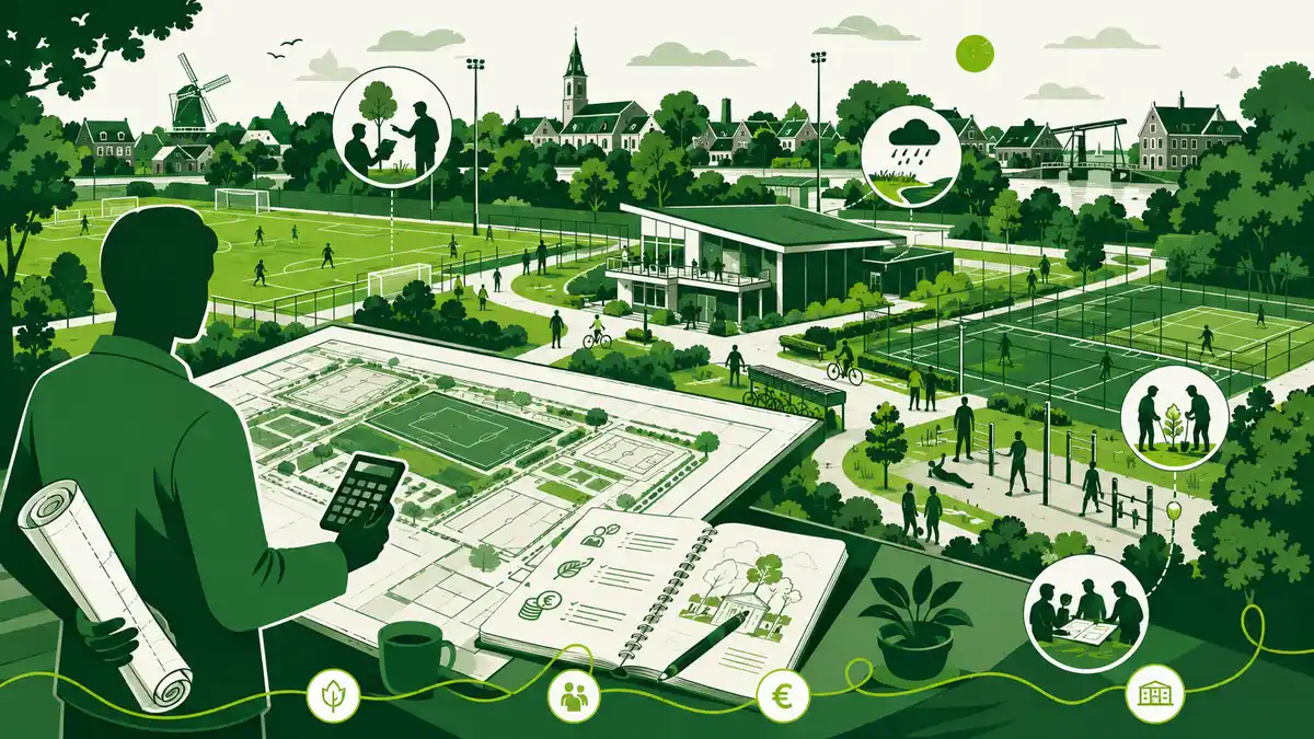 Haalbaarheidsonderzoek voor een sportpark: een adviseur verkent met een plankaart een braakliggend terrein naast een verouderd sportpark