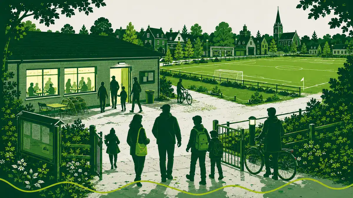 Privatisering van sportaccommodaties: toegangshek, clubgebouw en voetbalveld op een sportpark