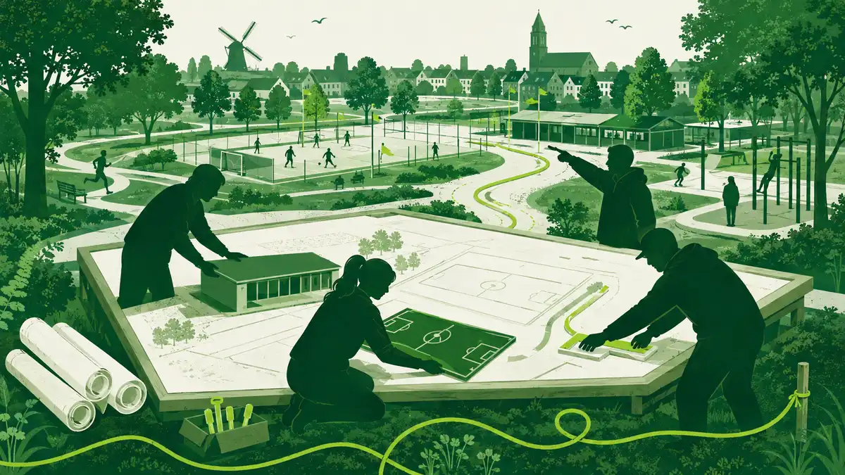Wat is een sportparkvisie: een man bij een wegwijzer kijkt uit over een verouderd sportpark met splitsende paden