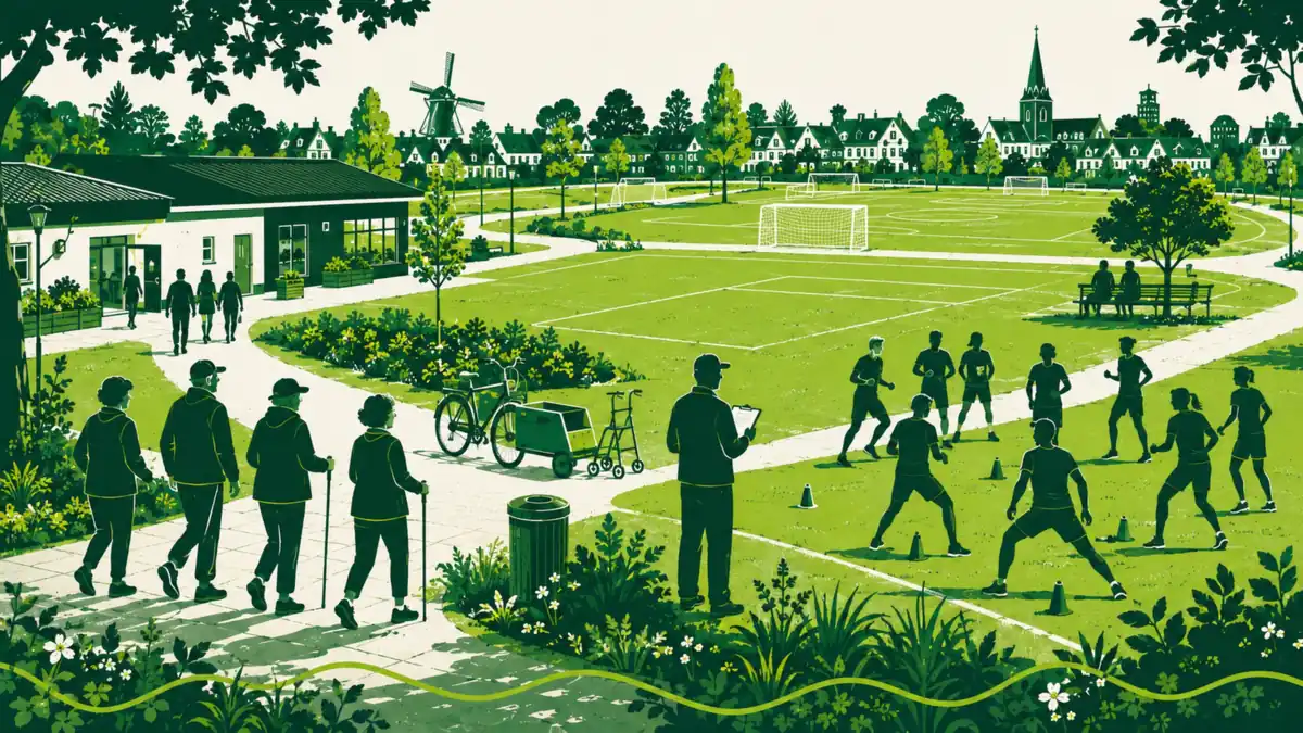 Maatschappelijke waarde van een sportpark: ouderen wandelen over het pad terwijl een begeleider met klembord toekijkt bij een groep in een sessie