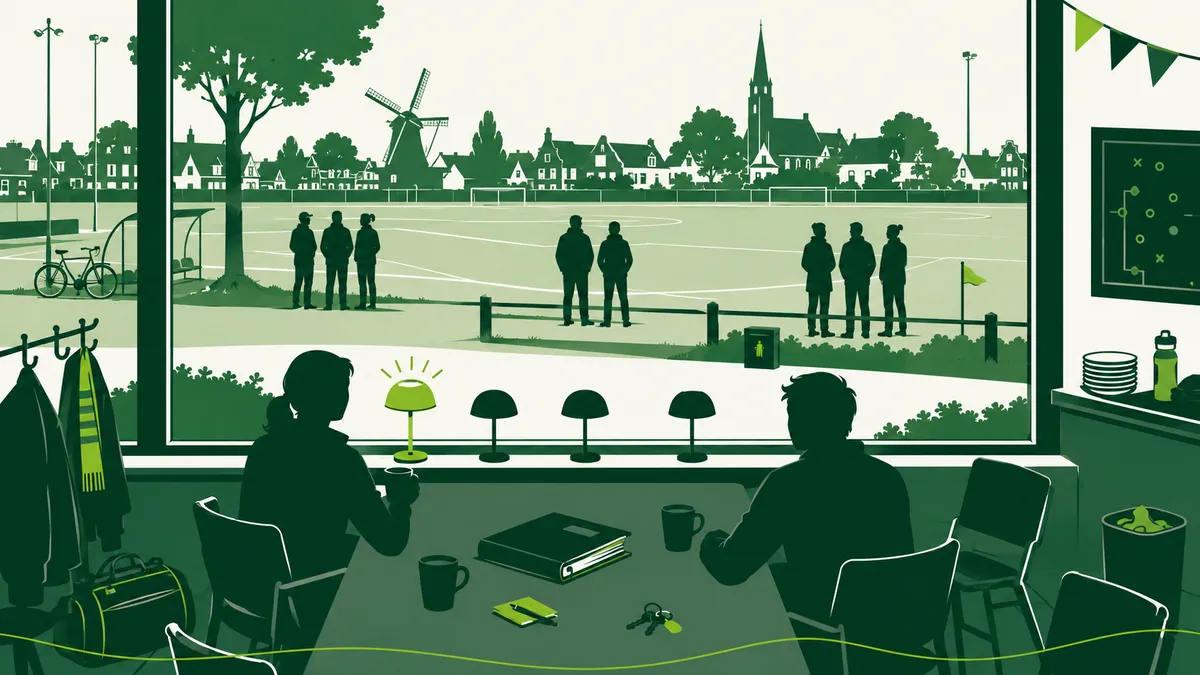 Vier signalen van een sportparkontwikkeling: een kantine na een bestuursvergadering, met vier lampjes op de vensterbank waarvan er een brandt