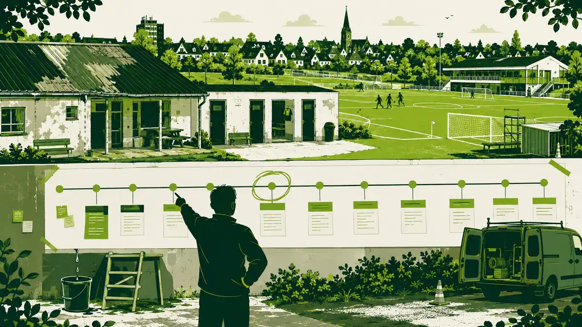 Meerjarenonderhoudsplan van een sportpark: een figuur wijst op een tijdlijn met markers, naast een verouderd clubgebouw met emmer en ladder